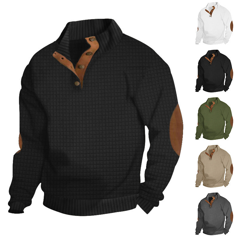 Men's Quilted Knit Sweater with Leather Elbow Patches - Stand Collar Button Pullover
