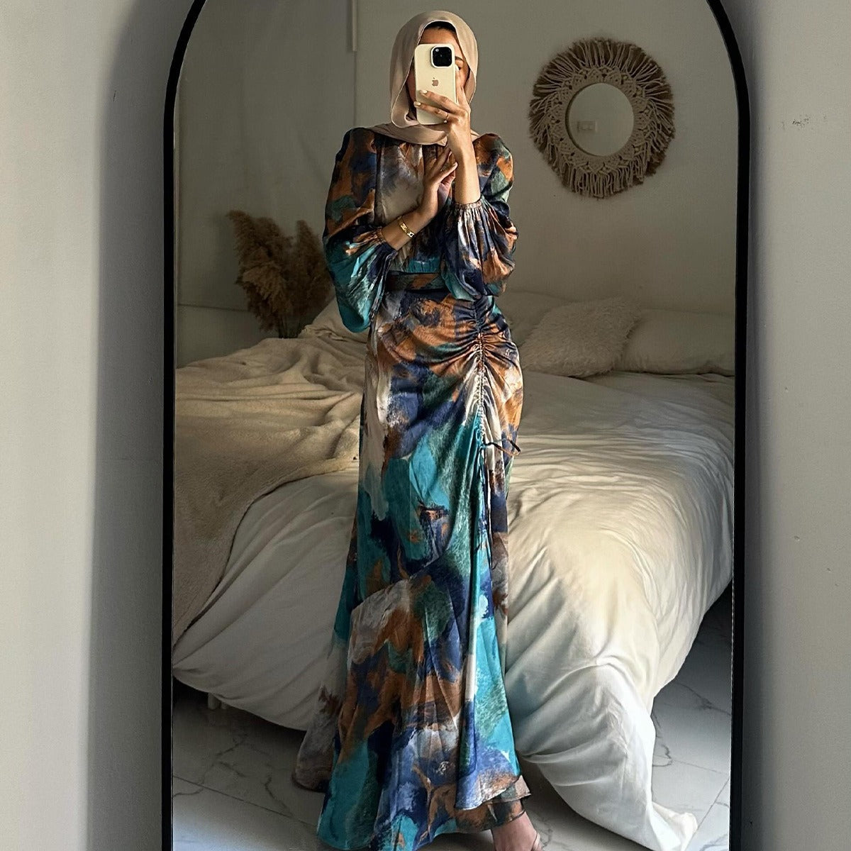Pleated Cinched Waist Slim Exotic Long Sleeve Midi Dress Women