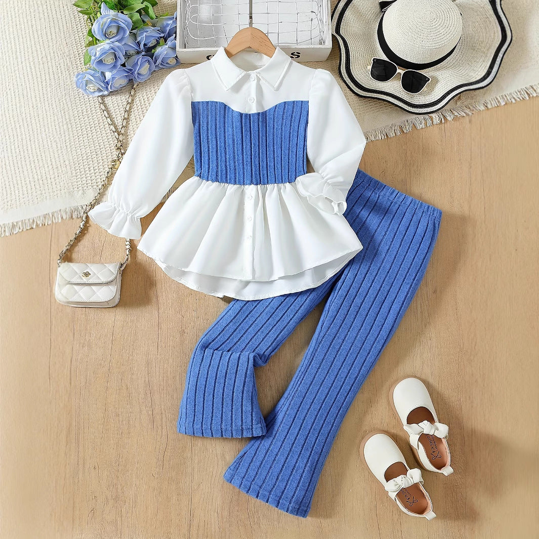Girls White Shirt & Grey Knit Pants Set - Elegant Two-Piece Outfit