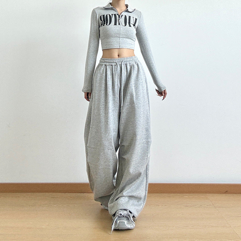 American Grey Sweatpants Women's Autumn 2024 New High Waist Straight Leg Loose Casual Sweatpants Cargo Wide-leg Pants