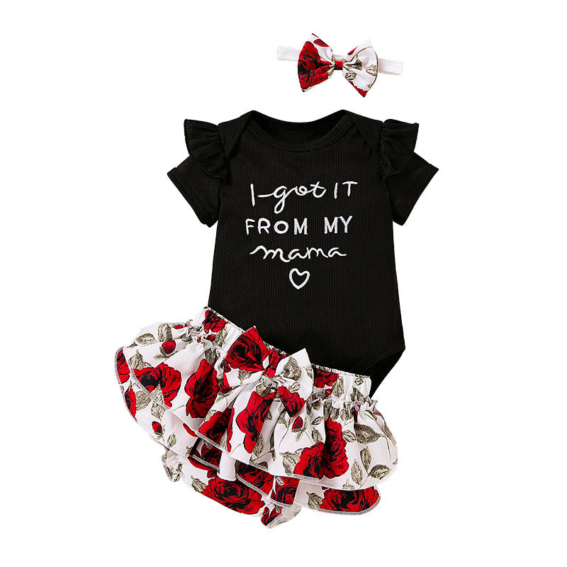 Summer baby clothes set embroidered letter flying sleeve hayi rose PP bottoms short skirt 3 pieces baby dress