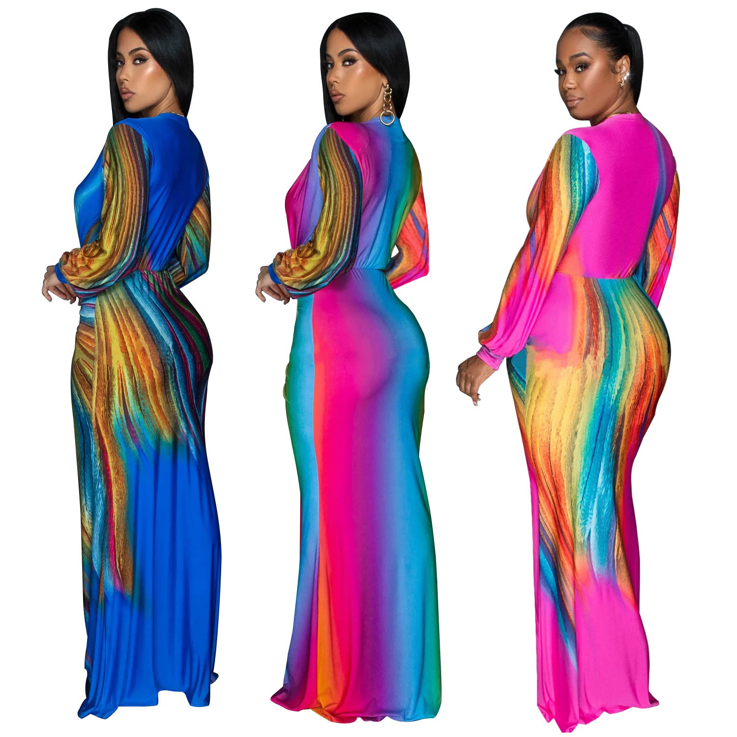 European and American fashion women's dress, pleats, color-blocked casual dresses, long
