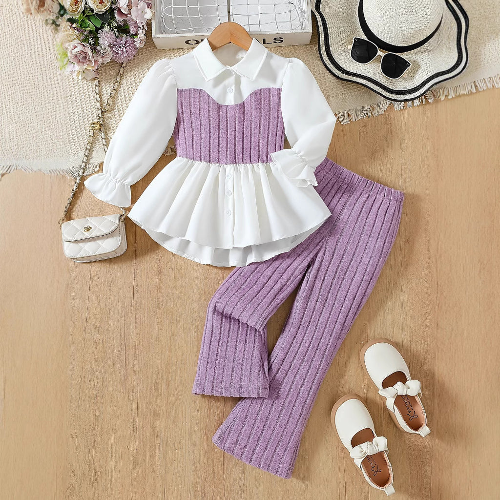 Girls White Shirt & Grey Knit Pants Set - Elegant Two-Piece Outfit