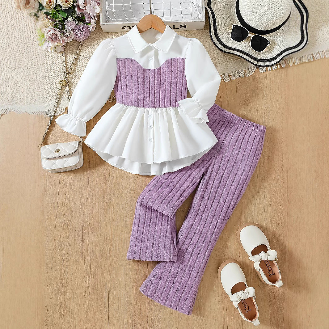 Girls White Shirt & Grey Knit Pants Set - Elegant Two-Piece Outfit