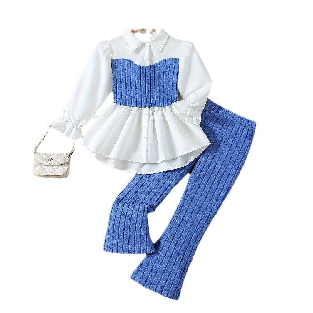 Girls White Shirt & Grey Knit Pants Set - Elegant Two-Piece Outfit