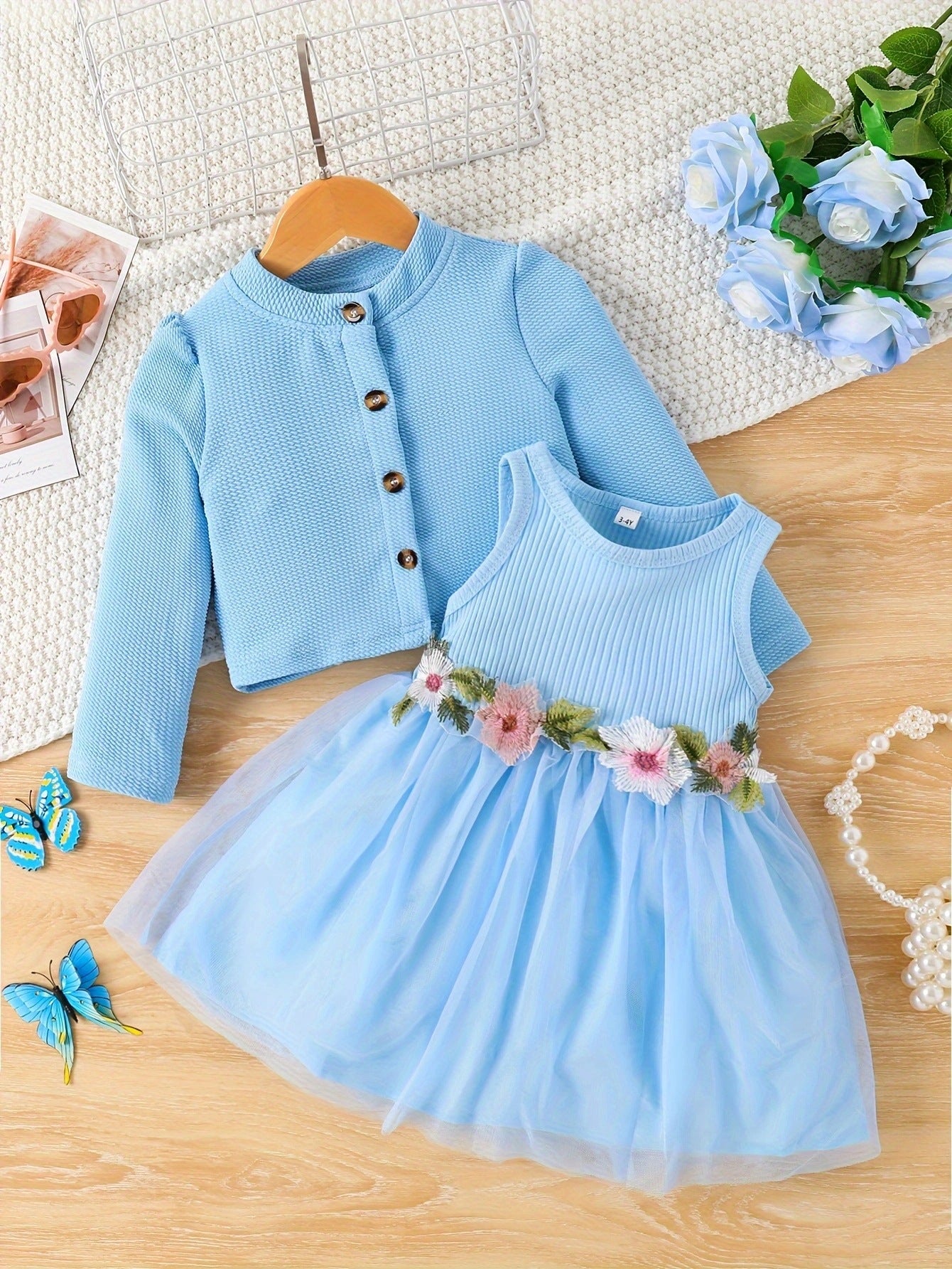 Pink Baby Girl Cardigan Dress Set - Floral Embroidered Tulle Outfit with Jacket