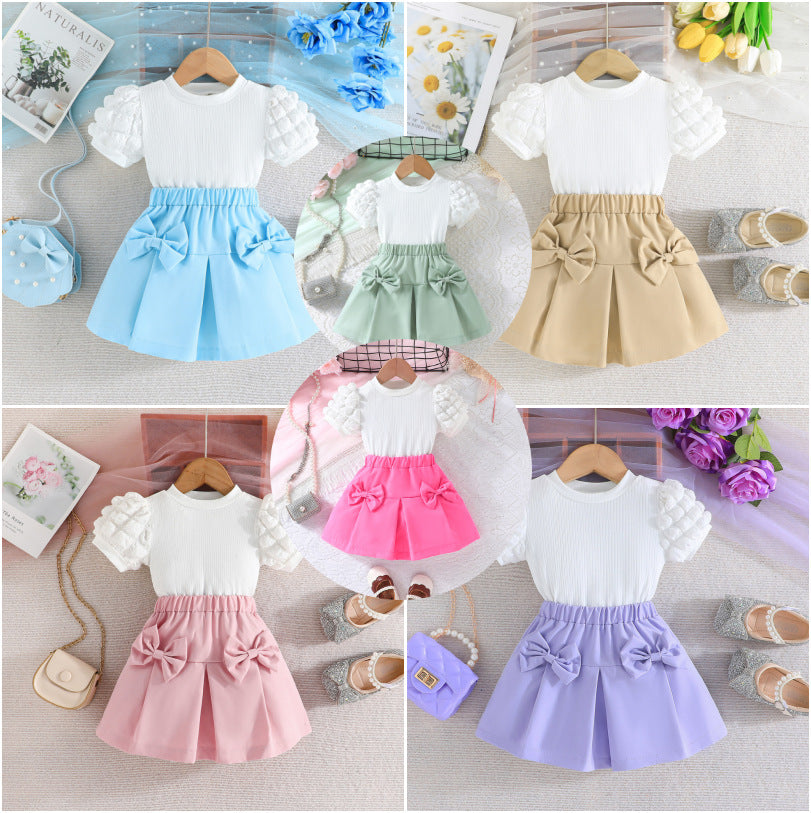 Girls Bubble Short Sleeve Top with Bow Short Skirt