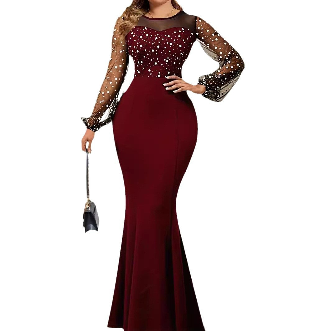 Elegant Black Evening Gown with Sheer Beaded Sleeves – Formal Bodycon Dress