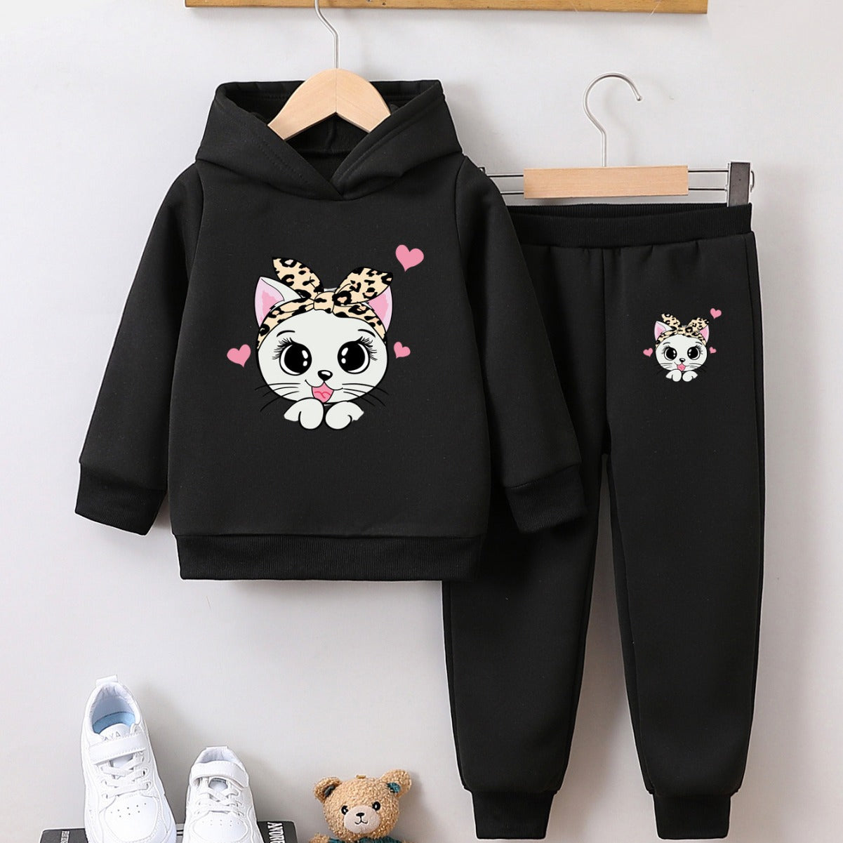 Girls' fashion sweatshirt two-piece kitten print girl autumn and winter