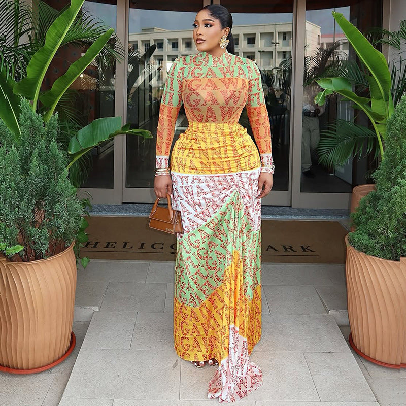 Colorful Printed Maxi Dress - Long Sleeve High Neck | MTS-Glamour