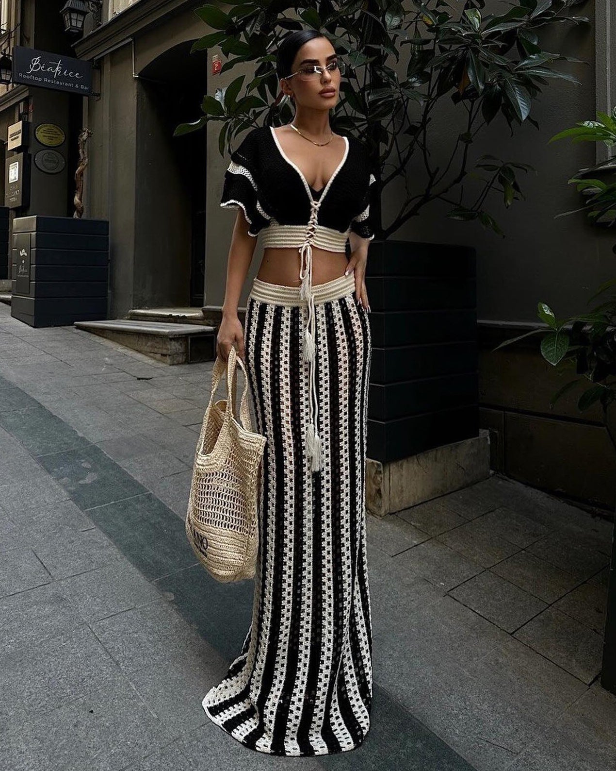 Black and White Striped Two-Piece Outfit