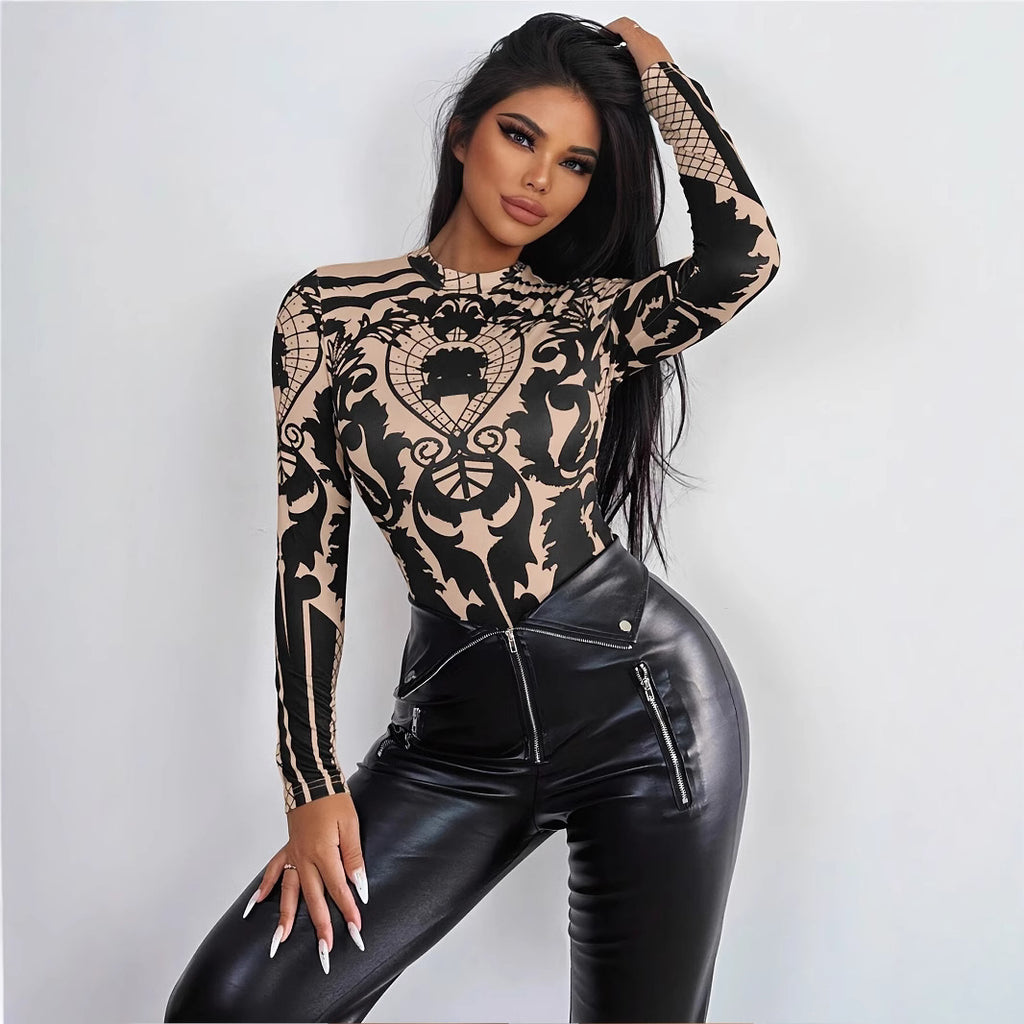 Black Lace Bodysuit - Sexy Sheer Long Sleeve Top with Intricate Pattern Design