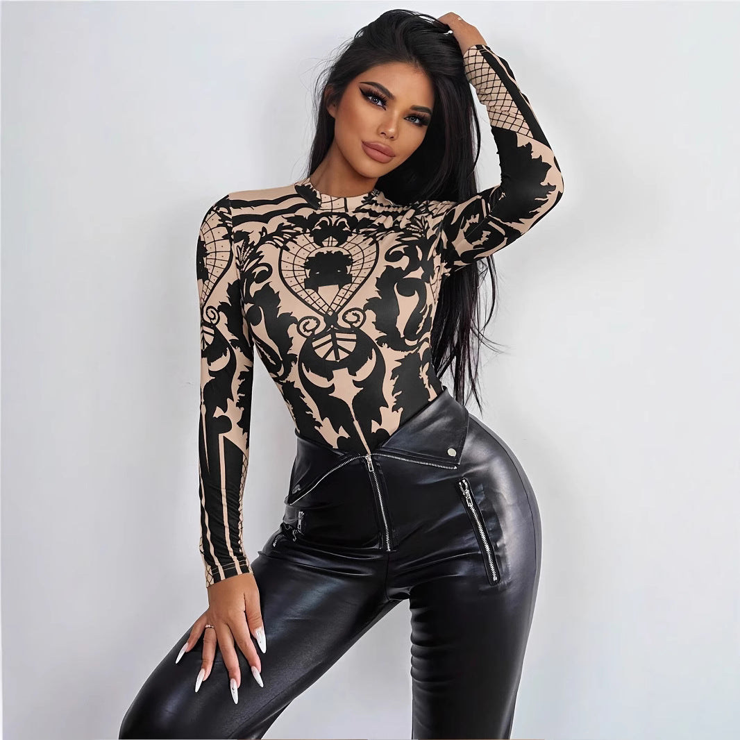 Black Lace Bodysuit - Sexy Sheer Long Sleeve Top with Intricate Pattern Design