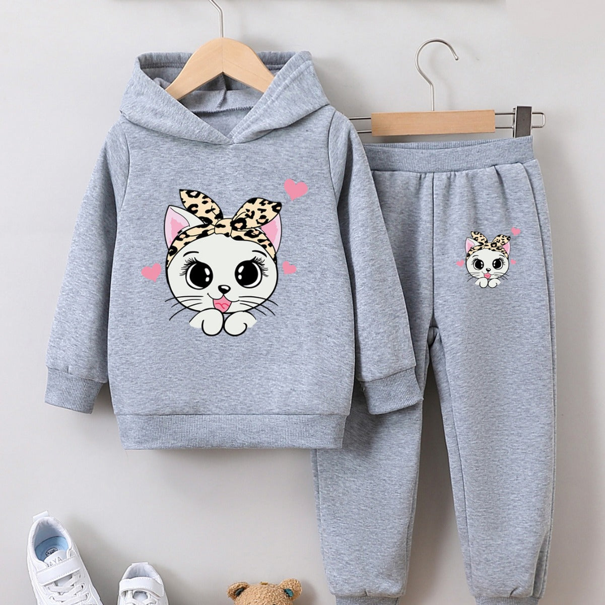 Girls' fashion sweatshirt two-piece kitten print girl autumn and winter