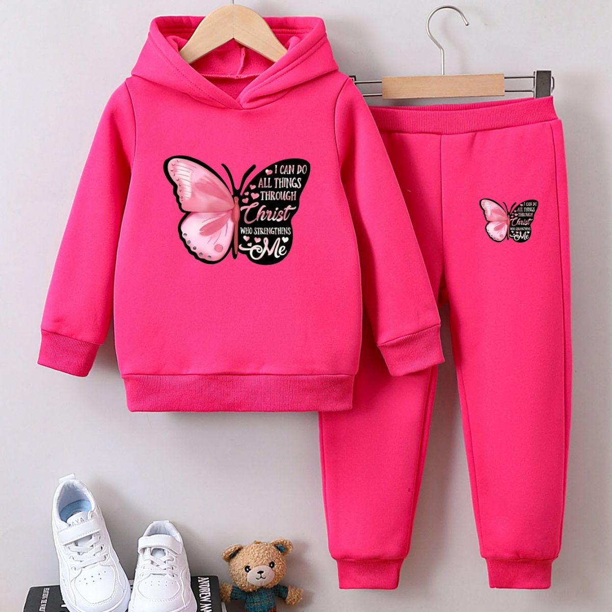 Girls Butterfly Hoodie Set - Inspirational Christian Quote Sweatsuit for Kids