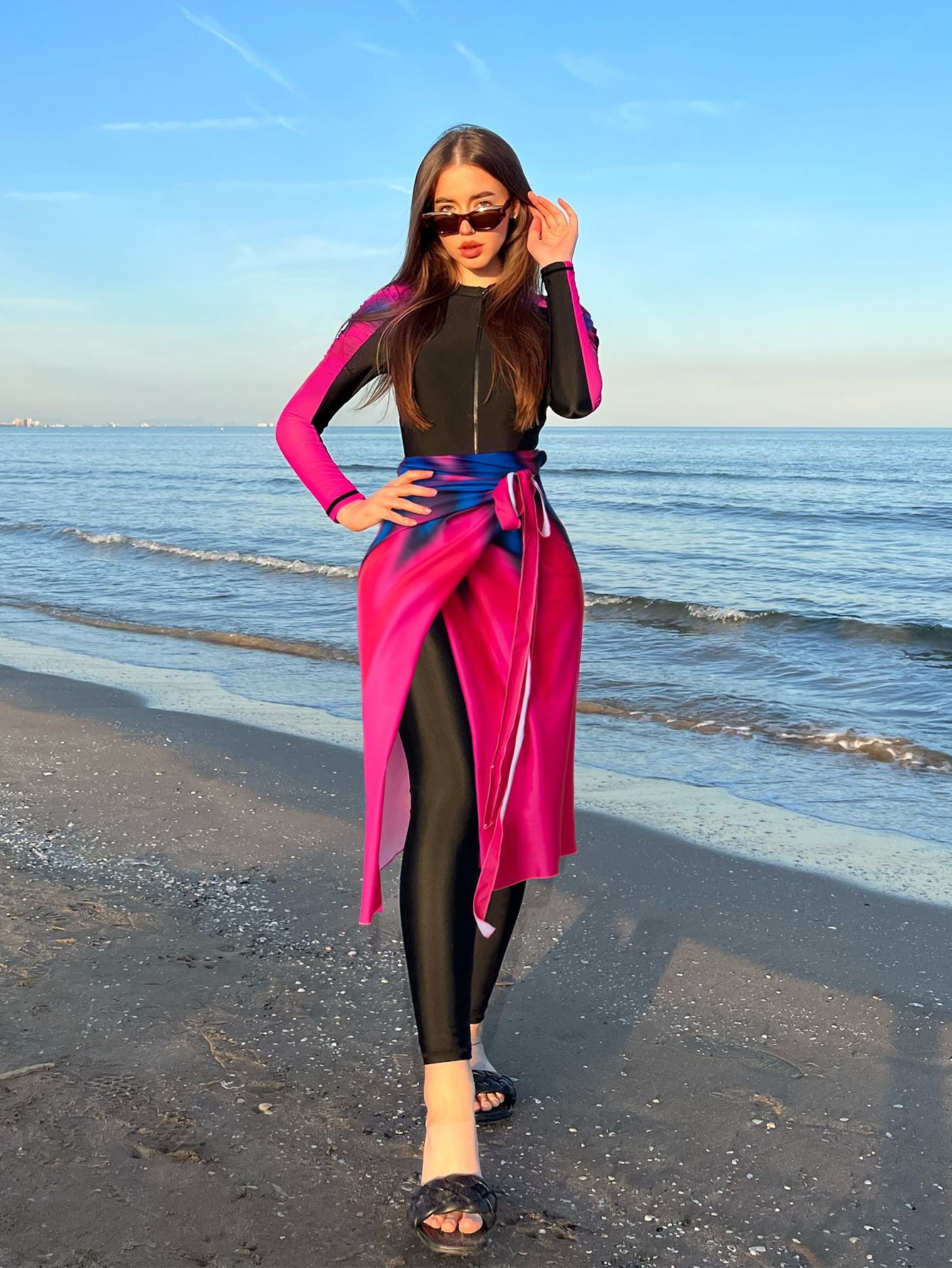 Women’s Full Coverage Modest Swimwear – Tropical Blue Floral Burkini Set