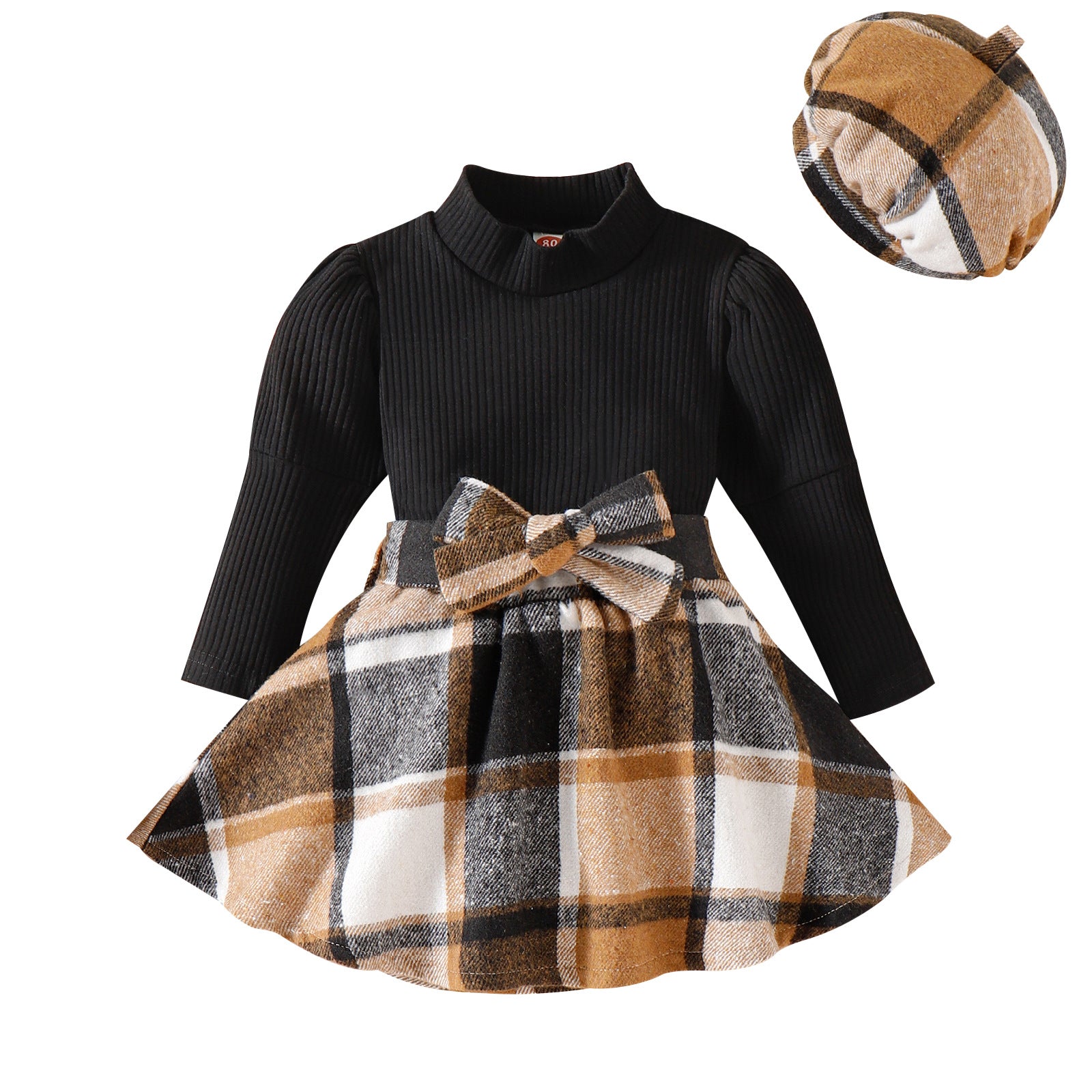 Girls Suit Knitted Solid Color Long Sleeve Top Plaid Skirt Beret In Stock