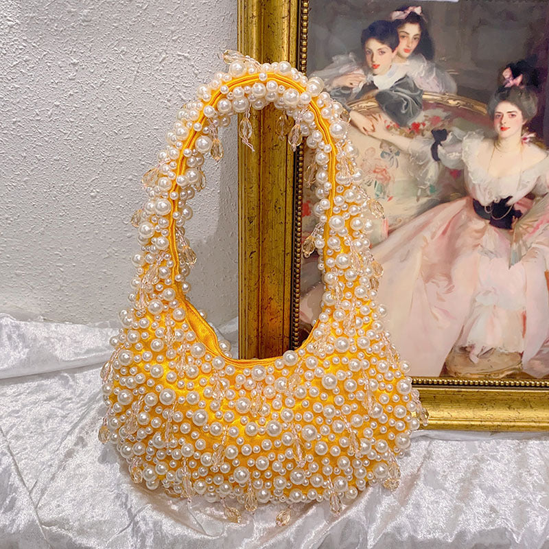 Pearl Beaded Handbag Luxury Yellow Designer Shoulder Bag with Crystal Details