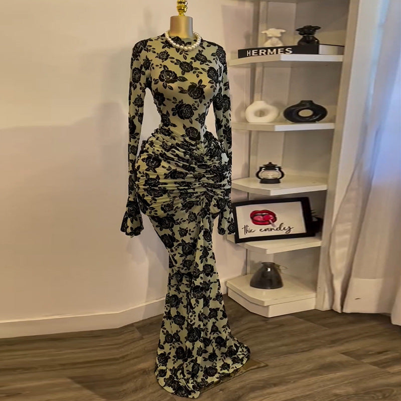 Olive Floral Print Bodycon Dress - Long Sleeve Ruched Side Detail | MTS-Glamour