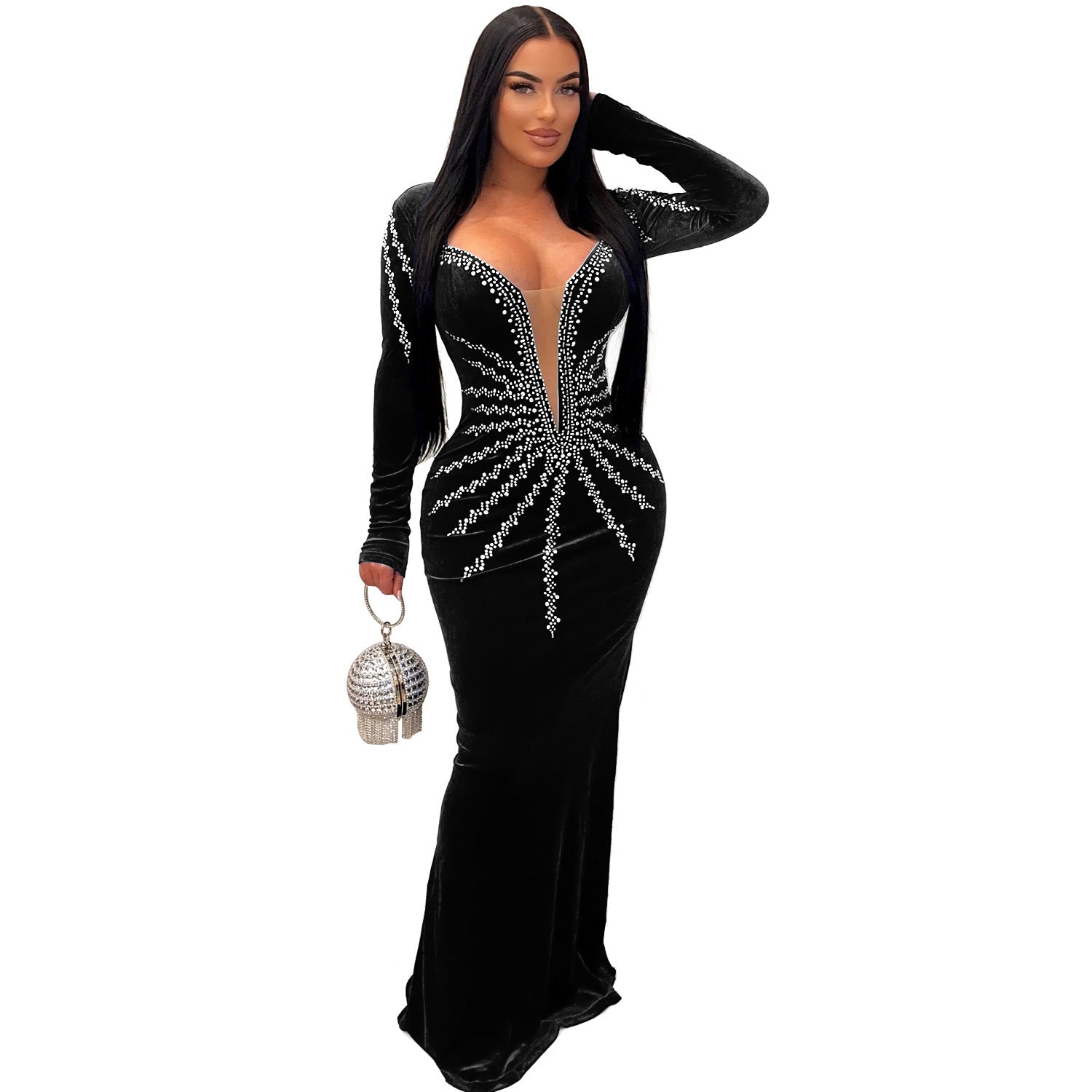 Sequined Mermaid Evening Gown Long Sleeve Bodycon Party Dress