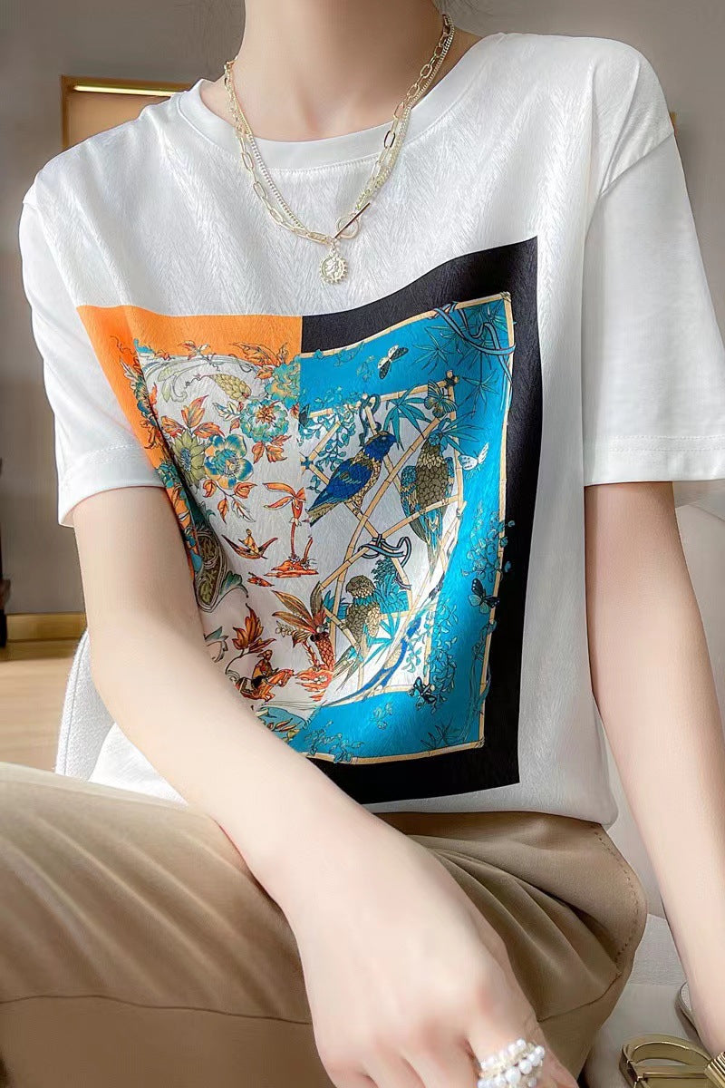 Silk T-shirt women's round neck knitted silk print pattern short sleeve