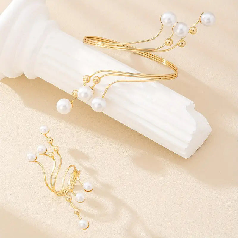 Pearl Gold Ring Bracelet Set - Elegant Women's Jewelry