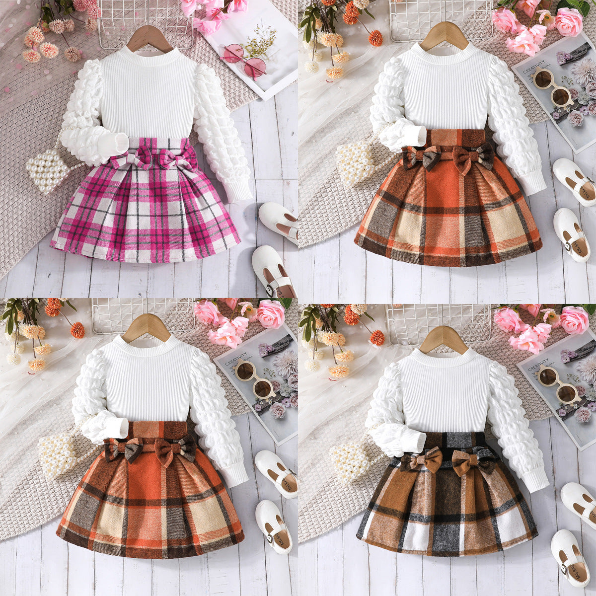 New puff sleeve top + plaid skirt European and American cross-border girls' fashion