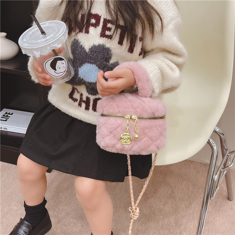 Cute Furry Mini Handbag for Kids Princess Style Chain Bag with Gold Accents