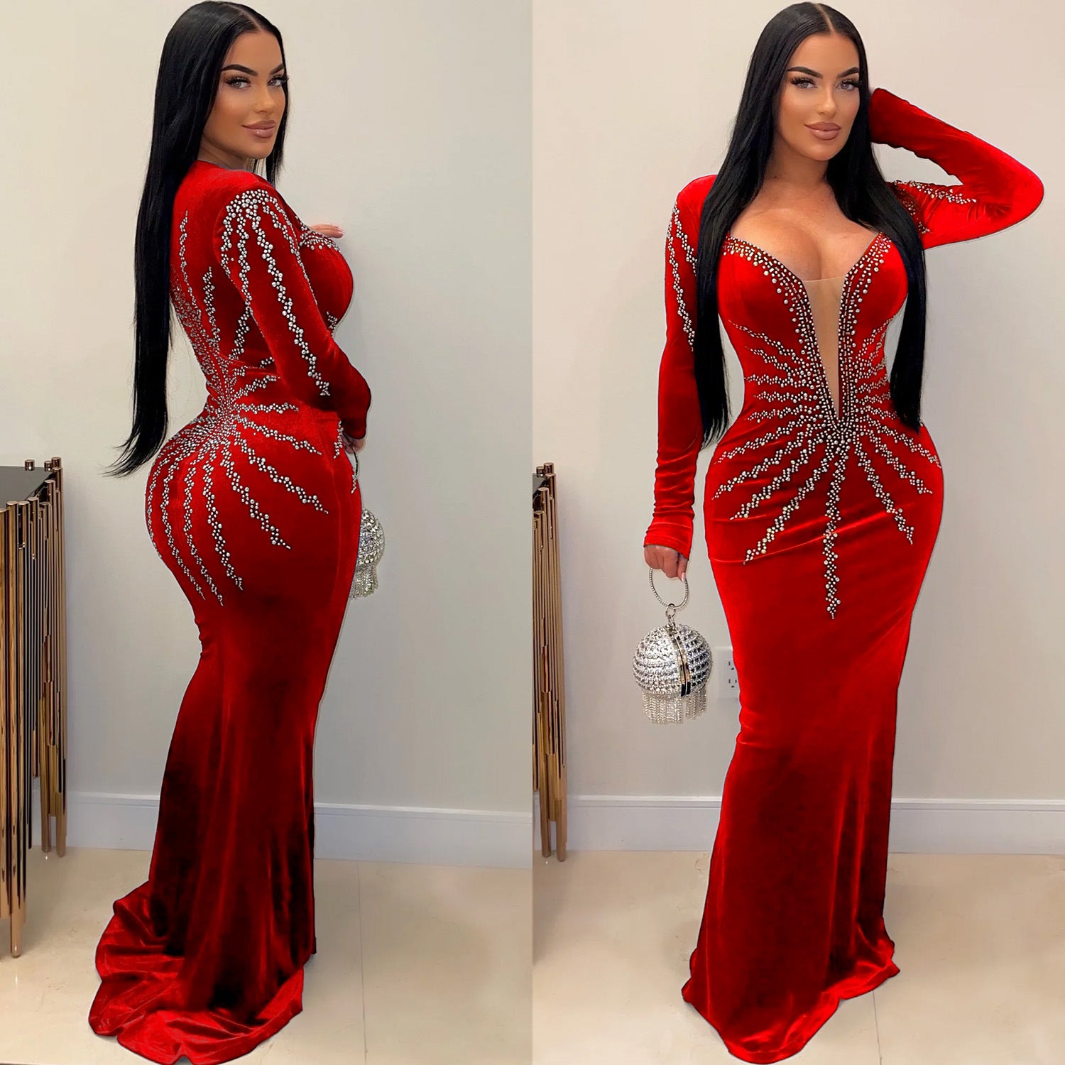 Sequined Mermaid Evening Gown Long Sleeve Bodycon Party Dress