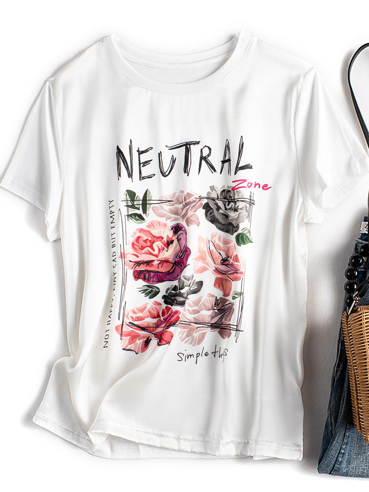 Silk T-shirt women's round neck knitted silk print pattern short sleeve