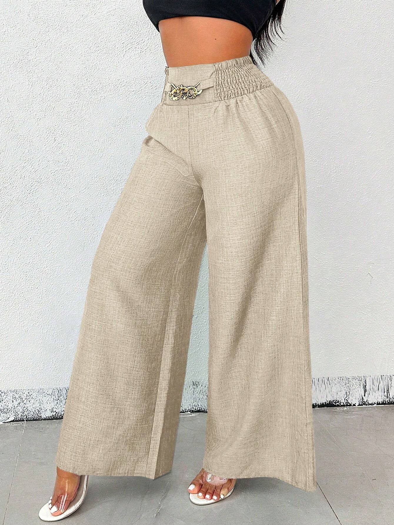 High-Waisted Wide Leg Trousers with Chain Detail - Women's Fashion Pants