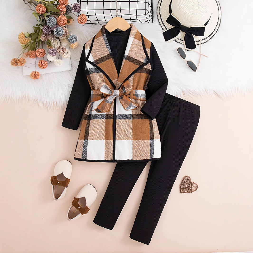 plaid lapel sleeveless long vest jacket + solid color pit strip half-high neck long-sleeved