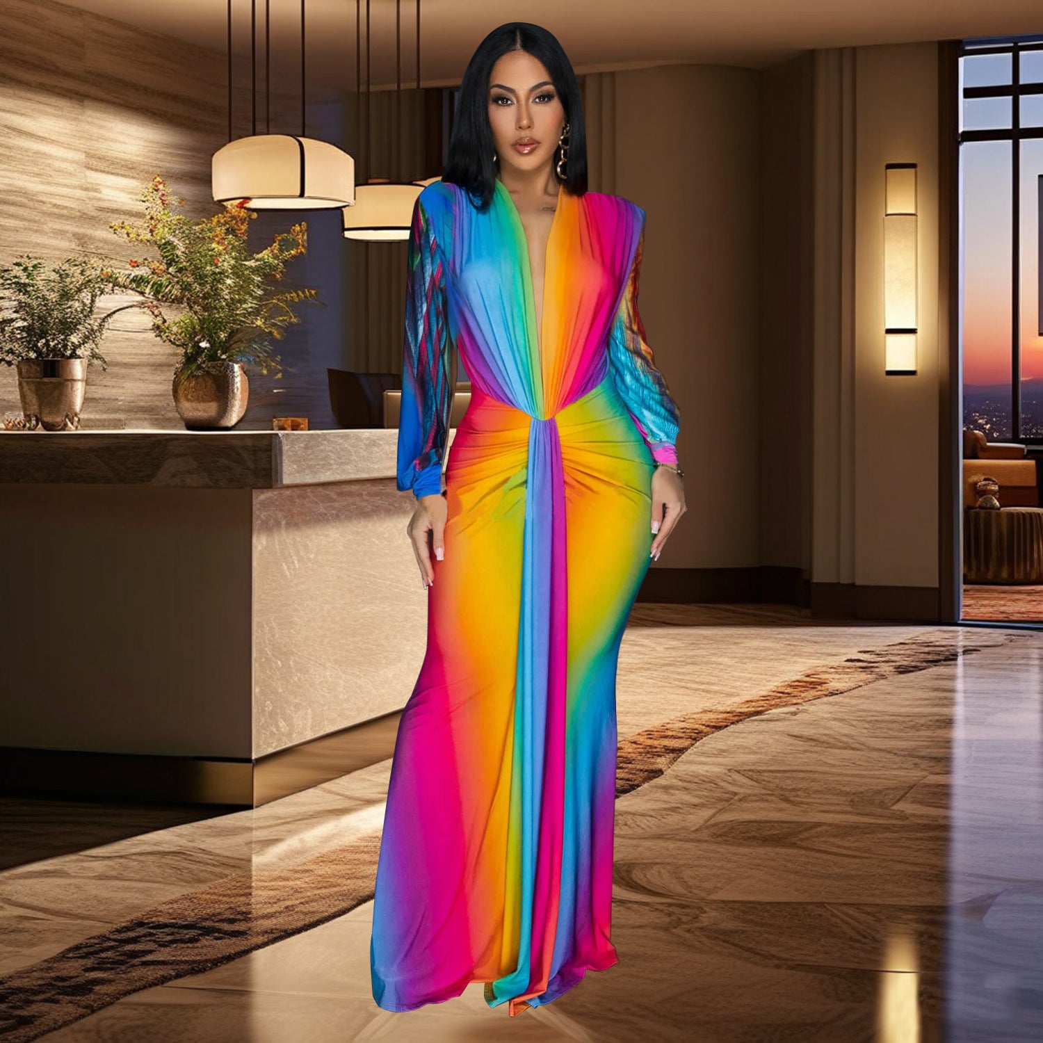 European and American fashion women's dress, pleats, color-blocked casual dresses, long