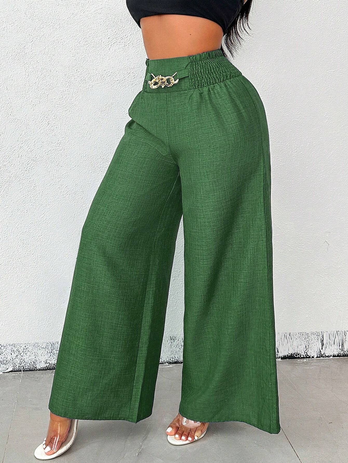 High-Waisted Wide Leg Trousers with Chain Detail - Women's Fashion Pants