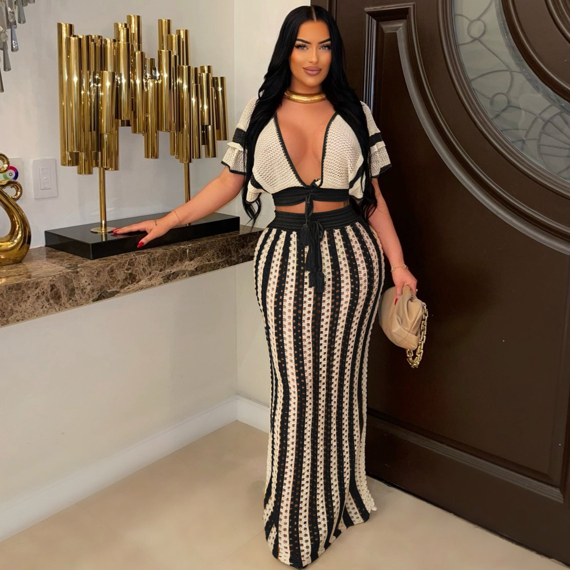 Black and White Striped Two-Piece Outfit