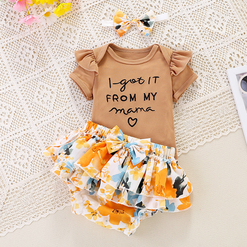 Summer baby clothes set embroidered letter flying sleeve hayi rose PP bottoms short skirt 3 pieces baby dress