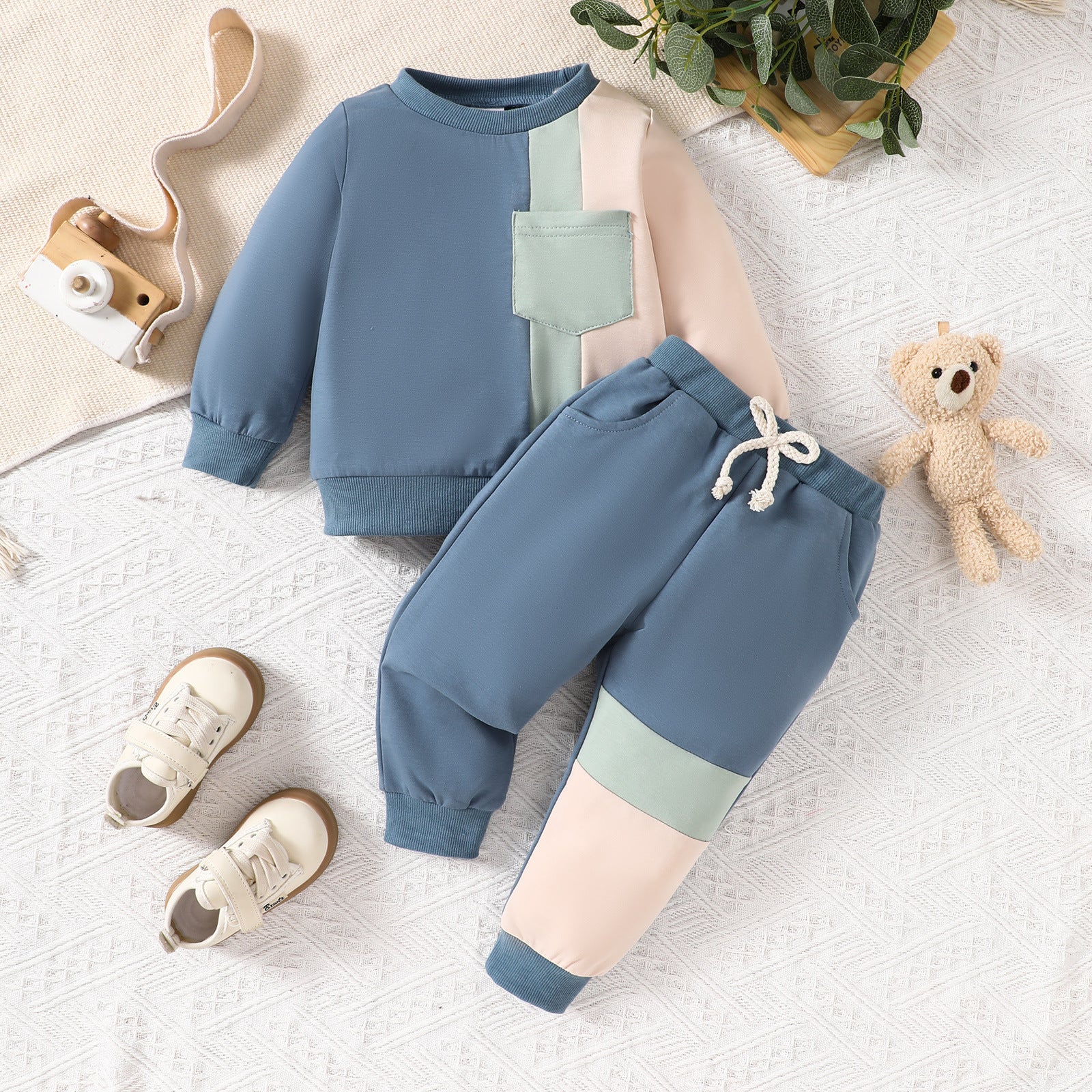 Kids Color Block Sweatsuit Set - Black Orange Mint Tracksuit for Boys & Girls