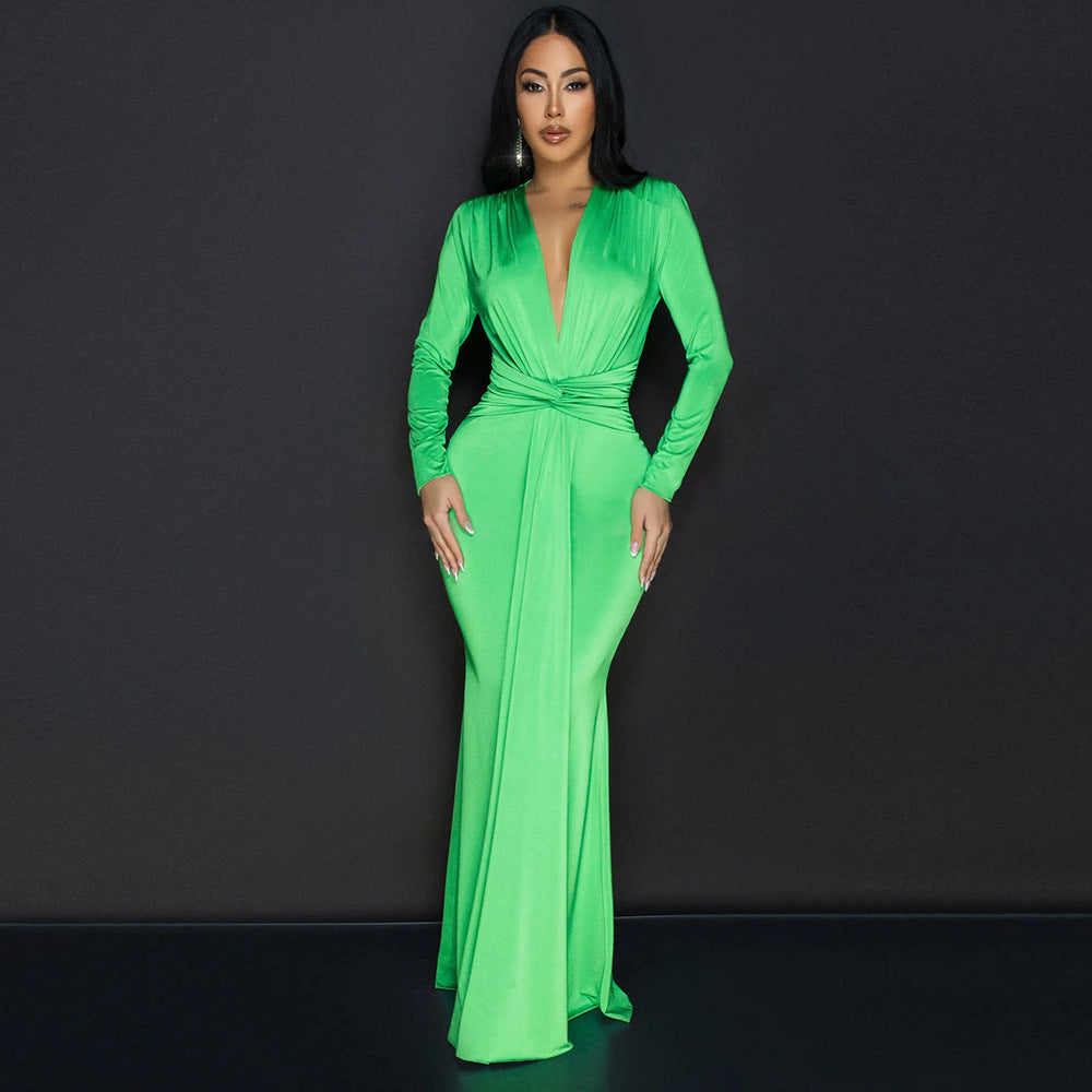 Europe and America Sexy Deep V Slim Long Sleeve Solid Color Dress Party
