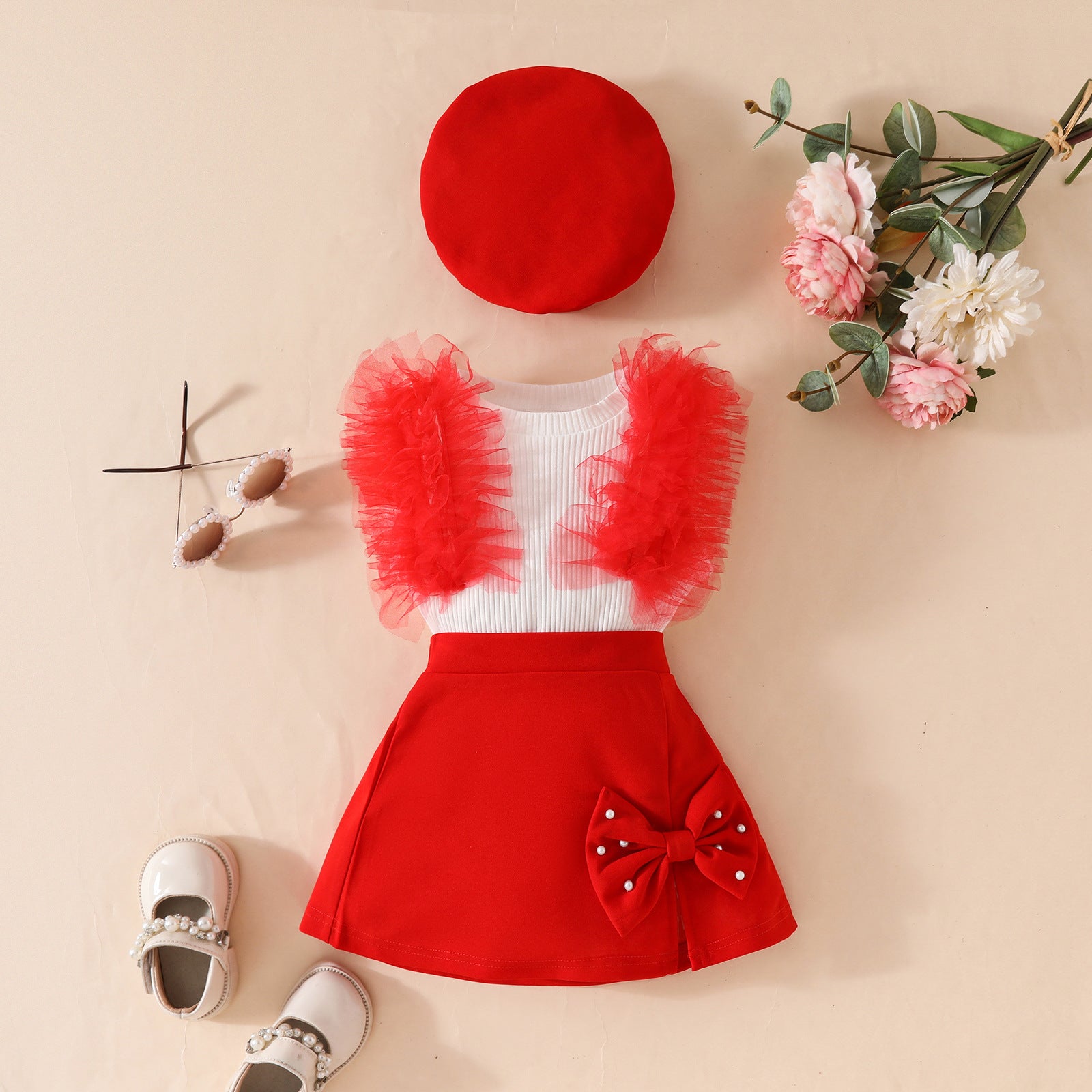 Toddler girls sleeveless mesh pit strip top beret three-piece set