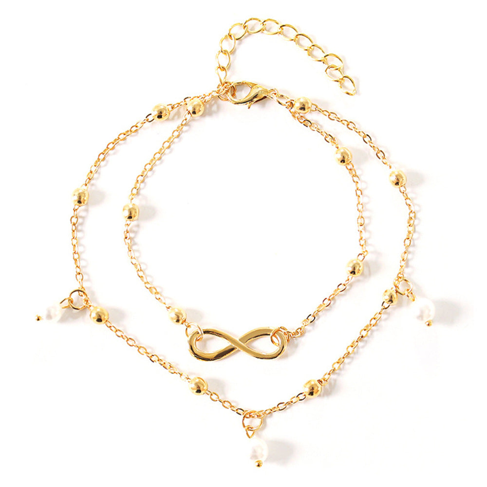 Layered Pearl Infinity Anklet Set - Gold Chain Beach Jewelry