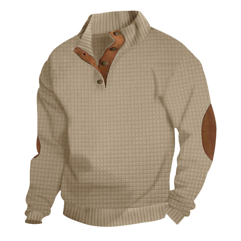 Men's Quilted Knit Sweater with Leather Elbow Patches - Stand Collar Button Pullover