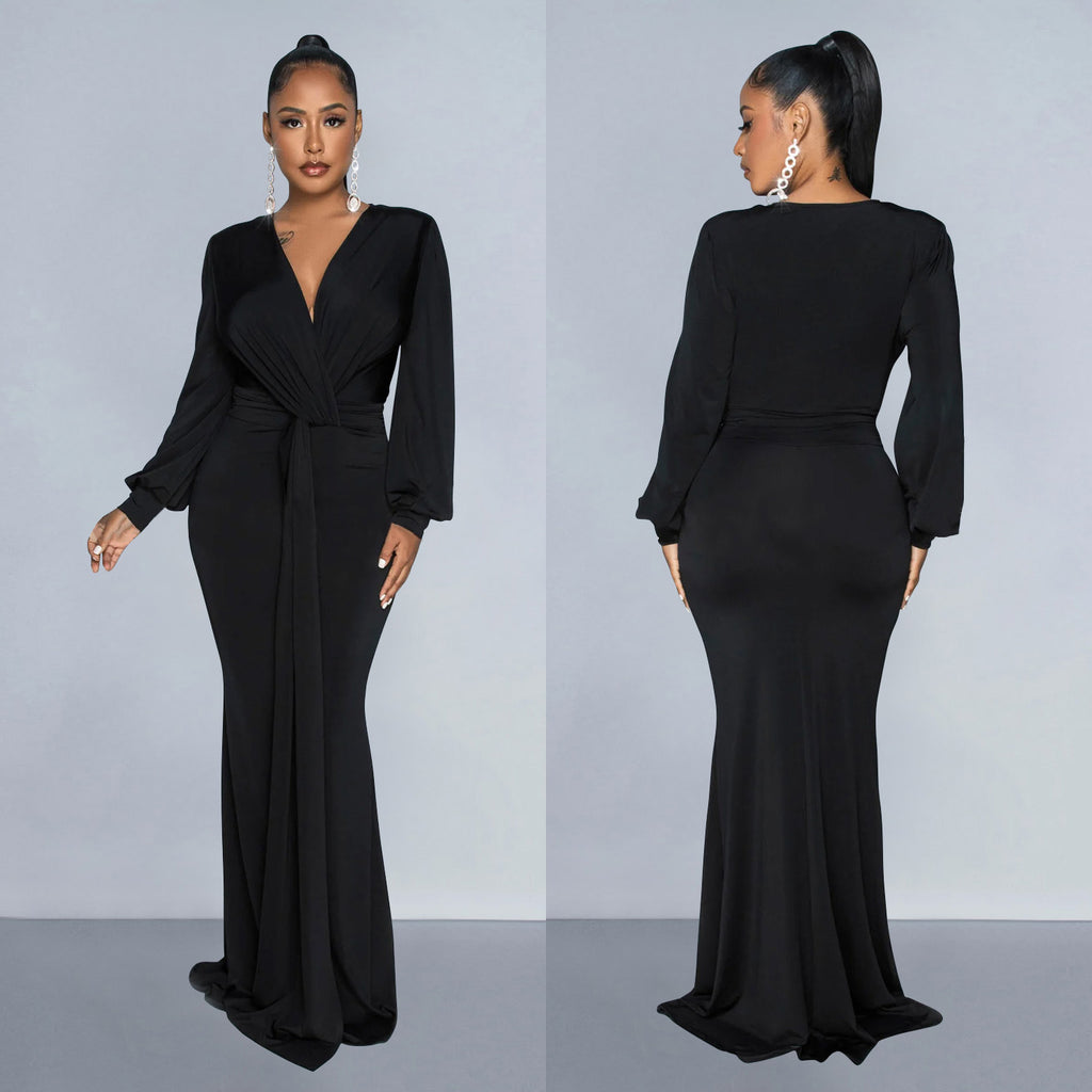 fashion women's solid color sexy deep V pleated long skirt dress women