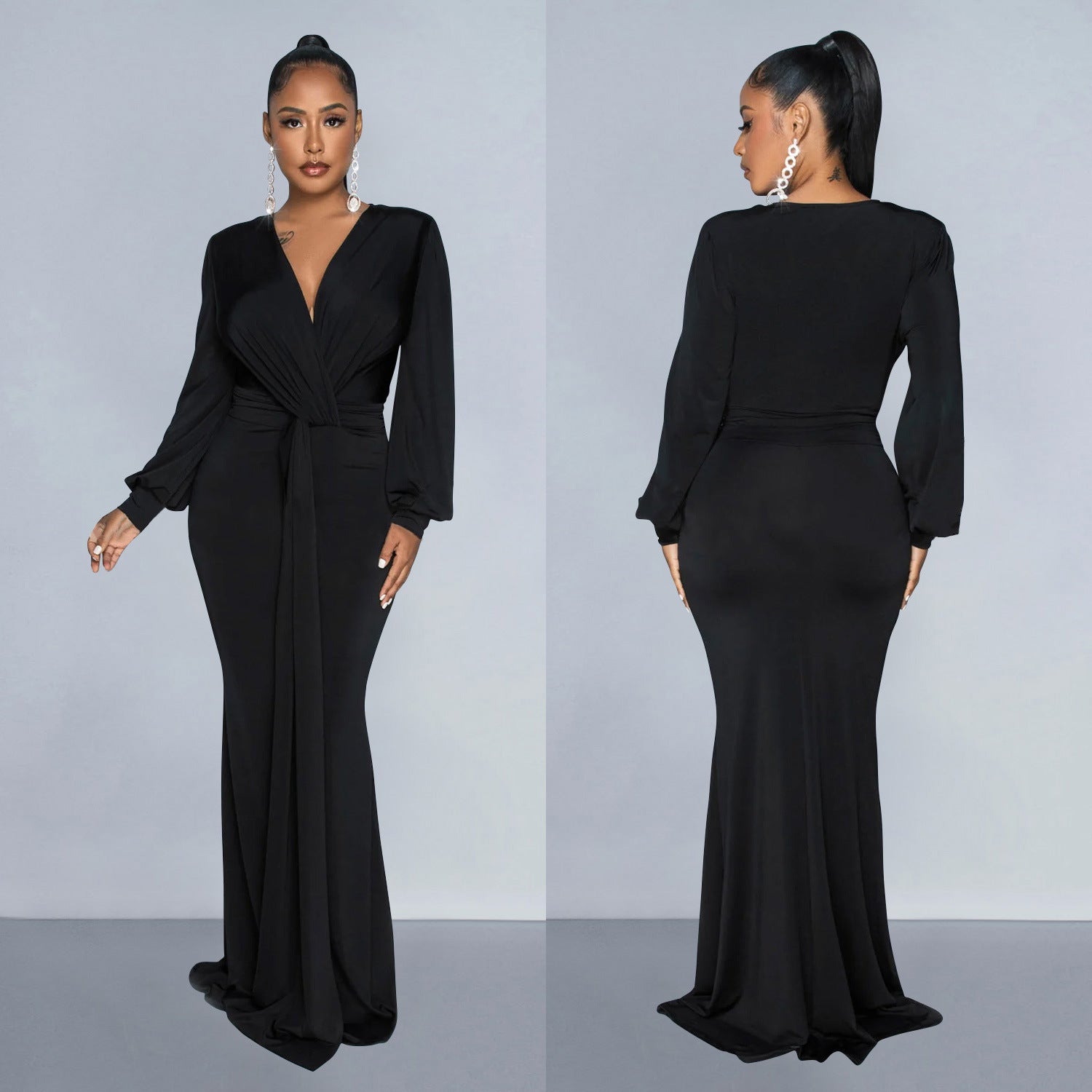 fashion women's solid color sexy deep V pleated long skirt dress women