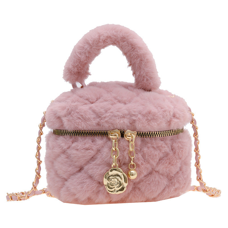 Cute Furry Mini Handbag for Kids Princess Style Chain Bag with Gold Accents