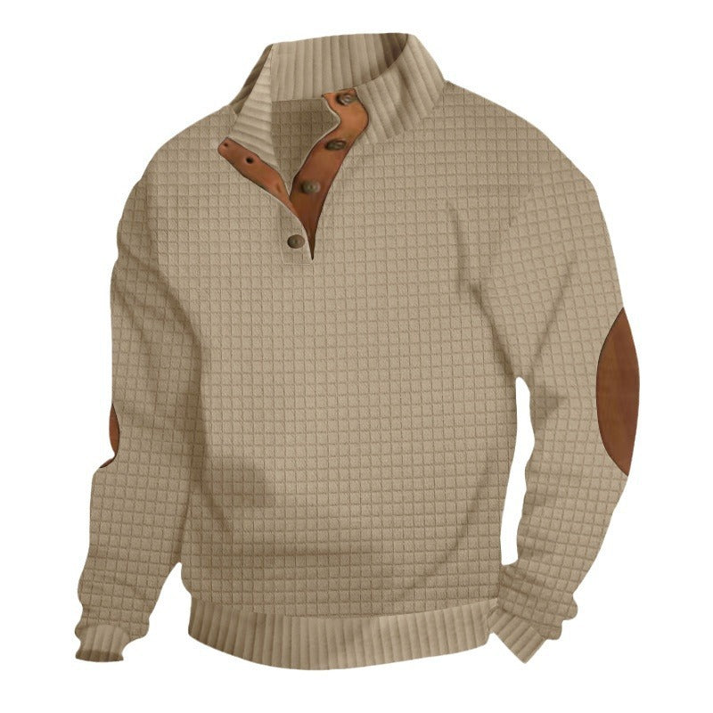 Men's Quilted Knit Sweater with Leather Elbow Patches - Stand Collar Button Pullover