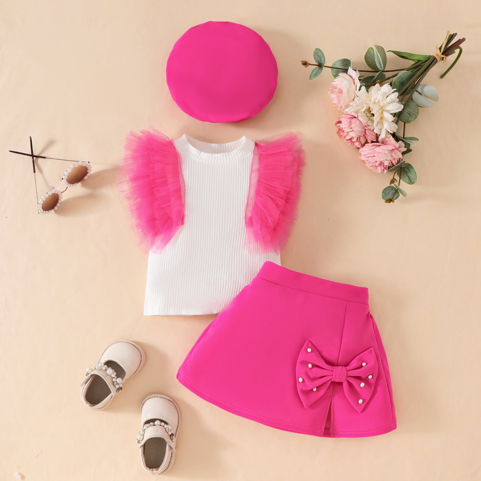 Toddler girls sleeveless mesh pit strip top beret three-piece set