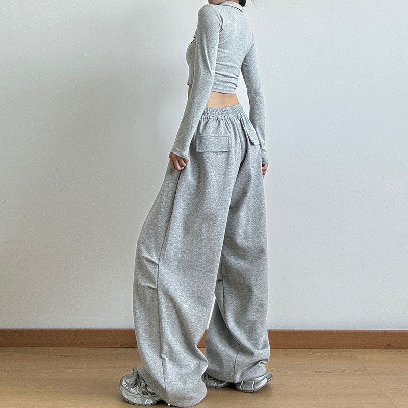 American Grey Sweatpants Women's Autumn 2024 New High Waist Straight Leg Loose Casual Sweatpants Cargo Wide-leg Pants