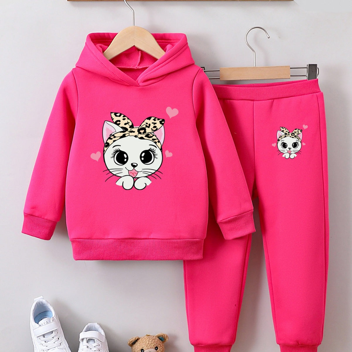 Girls' fashion sweatshirt two-piece kitten print girl autumn and winter