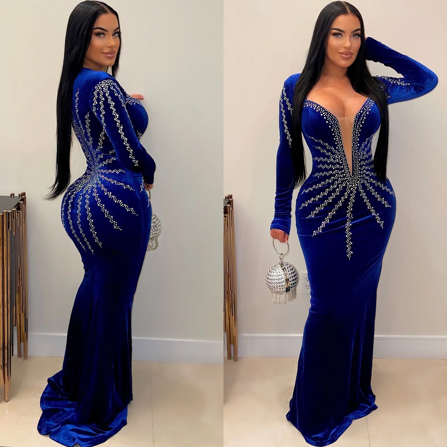 Sequined Mermaid Evening Gown Long Sleeve Bodycon Party Dress