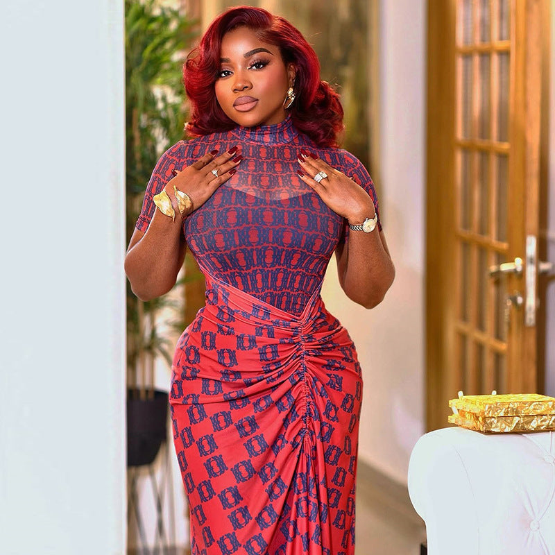 Red Chain Print High Neck Dress - Elegant Pleated Bodycon Tunic | MTS-Glamour